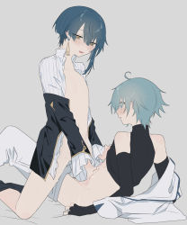 Rule 34 | 2boys, aftersex, bad id, bad pixiv id, bar censor, bare shoulders, bed sheet, black gloves, blue eyes, blue hair, blush, brown eyes, censored, chongyun (genshin impact), cum, earrings, elbow gloves, fingerless gloves, genshin impact, gloves, half-closed eyes, highres, jewelry, light blue hair, male focus, multiple boys, open mouth, parted lips, penis, simple background, single earring, turtleneck, wide-eyed, xingqiu (genshin impact), yaoi, yoko (nz g)