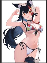 Rule 34 | 1girl, animal ear fluff, animal ears, bikini, black hair, breasts, cleavage, front-tie bikini top, front-tie top, hair ornament, hololive, hololive summer 2022 swimsuit, leaf print, long hair, looking at viewer, maple leaf print, medium breasts, multicolored hair, navel, official alternate costume, ookami mio, ookami mio (hololive summer 2019), print bikini, red hair, side-tie bikini bottom, solo, streaked hair, swimsuit, tail, tail around own leg, underboob, unfinished, virtual youtuber, white background, wide ponytail, wolf ears, wolf girl, wolf tail, zeiss