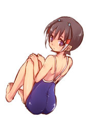 Rule 34 | 1boy, bad id, bad pixiv id, barefoot, brown hair, crossdressing, from behind, full body, hair ornament, inazuma eleven, inazuma eleven (series), inazuma eleven go, lowres, male focus, one-piece swimsuit, purple eyes, school swimsuit, shuu (inazuma eleven), simple background, sitting, solo, swimsuit, tobi (one), trap, white background