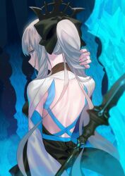 Rule 34 | 1girl, aora, backless outfit, black bow, blue eyes, bow, fate/grand order, fate (series), fingernails, from behind, grey hair, highres, holding own hair, long hair, morgan le fay (fate), nape, polearm, ponytail, tiara, weapon