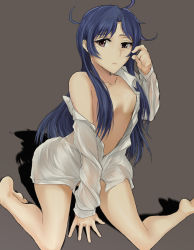 Rule 34 | 1girl, blue hair, breasts, female focus, flat chest, highres, idolmaster, idolmaster (classic), kisaragi chihaya, long hair, looking at viewer, nude, open clothes, purple eyes, sitting, small breasts, solo, yuki tarou