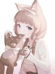 Rule 34 | 1girl, absurdres, animal ear fluff, animal ears, biting, blue eyes, bow, braid, brown hair, brown shirt, collared shirt, dress shirt, ear biting, fang, gradient background, hair bow, hair over shoulder, highres, holding, holding stuffed toy, jacket, long hair, long sleeves, looking at viewer, low twintails, open clothes, open jacket, open mouth, original, peng kun, shirt, sleeves past wrists, solo, stuffed animal, stuffed toy, teddy bear, twin braids, twintails, white background, white bow, white jacket