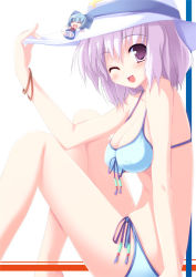 Rule 34 | 2girls, arm support, bad id, bad pixiv id, bikini, blush, bracelet, breasts, cirno, cleavage, front-tie top, hanging breasts, hat, jewelry, letty whiterock, light purple hair, medium breasts, multiple girls, one eye closed, open mouth, pilky, pink eyes, pink hair, purple eyes, side-tie bikini bottom, sitting, skindentation, smile, strap gap, swimsuit, touhou