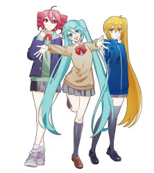 3girls absurdres ahoge akita_neru aqua_sweater black_shoes black_thighhighs blonde_hair blue_eyes blue_hair blue_jacket bow bowtie brown_shoes brown_sweater closed_mouth collared_shirt double-parted_bangs drill_hair full_body hair_between_eyes hatsune_miku highres hood hooded_sweater incoming_hug jacket kasane_teto long_hair looking_at_viewer miniskirt multiple_girls open_clothes open_jacket pleated_skirt pofopyoso red_bow red_bowtie red_eyes shirt shoes side_ponytail skirt sneakers standing standing_on_one_leg sweater thighhighs triple_baka_(vocaloid) twin_drills twintails utau very_long_hair vocaloid white_shirt white_shoes yellow_eyes zettai_ryouiki