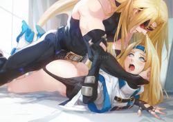 Rule 34 | 1boy, 1girl, ass, bare shoulders, black gloves, black panties, black pants, black shirt, blonde hair, blue eyes, blue footwear, blue headband, blush, breasts, bridal gauntlets, dress, fingerless gloves, gloves, guilty gear, guilty gear xx, headband, hetero, highres, indoors, long hair, lying, medium breasts, millia rage, on stomach, open mouth, panties, pants, parted bangs, prone bone, red blindfold, sex, sex from behind, shirt, short dress, sleeveless, sleeveless shirt, spykeee, toned, toned male, underwear, white dress, window, zato-1