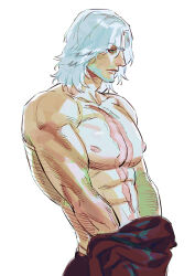 Rule 34 | 1boy, abs, bara, beard, blue eyes, closed mouth, dante (devil may cry), devil may cry (series), devil may cry 5, facial hair, gge (gebback dark), holding, large pectorals, lips, long hair, male focus, mature male, muscular, muscular male, nipples, nose, pectorals, realistic, scar, scar on chest, scar on stomach, simple background, solo, topless male, undressing, white hair