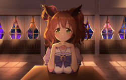 Rule 34 | 1girl, animal ears, aston machan (umamusume), bow, breast rest, breasts, breasts on table, brown hair, classroom, commentary request, crown, curtains, doki doki literature club, elbows on table, gendou pose, green eyes, hands clasped, highres, horse ears, horse girl, large breasts, long hair, looking at viewer, matsumoto tomoyohi, mini crown, monika (doki doki literature club), night, night sky, own hands clasped, own hands together, parody, school uniform, shadow, short sleeves, side ponytail, sky, smile, solo, tracen school uniform, umamusume, upper body