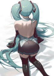 Rule 34 | 1girl, aqua hair, ass, back, backless outfit, bare shoulders, black skirt, black thighhighs, detached sleeves, fajyobore, feet out of frame, from behind, hair ornament, hatsune miku, highres, long hair, long sleeves, pleated skirt, skirt, sleeves past fingers, sleeves past wrists, solo, thighhighs, thighs, twintails, vocaloid