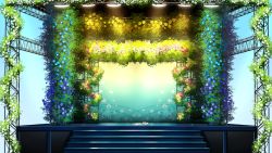 Rule 34 | blue flower, commentary, floral print, flower, matsuda toki, no humans, paper, red flower, scaffolding, scenery, shoes, spotlight, stage, stairs, star (symbol), star print, vocaloid, white flower