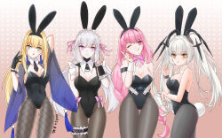 Rule 34 | 4girls, alternate costume, alternate hairstyle, animal ears, ayla: kaleido (punishing: gray raven), ayla (punishing: gray raven), bare arms, bare shoulders, bianca: veritas (punishing: gray raven), bianca (punishing: gray raven), black gloves, black hairband, black leotard, black necktie, blonde hair, bow, bowtie, bracelet, braid, breasts, cleavage, detached collar, detached sleeves, earrings, fake animal ears, fake tail, fishnet pantyhose, fishnets, floating hair ornament, gloves, grey hair, grey pantyhose, hair intakes, hairband, jewelry, large breasts, leotard, liv (punishing: gray raven), long hair, looking at viewer, luna: laurel (punishing: gray raven), luna (punishing: gray raven), maid headdress, multiple girls, necktie, one eye closed, orange eyes, pantyhose, parted lips, pink bow, pink bowtie, pink eyes, pink hair, playboy bunny, punishing: gray raven, rabbit ears, rabbit tail, side braid, sidelocks, su gui, tail, tongue, tongue out, twintails, waist bow, wide sleeves