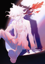 Rule 34 | 1boy, ahoge, blood, blood on wall, blood splatter, chain, chained, collar, collarbone, commentary request, curly hair, danganronpa (series), danganronpa another episode: ultra despair girls, gloves, grey eyes, highres, jacket, knees up, komaeda nagito, long legs, long sleeves, looking at viewer, male focus, medium hair, messy hair, metal collar, monochrome, nail polish, open clothes, open jacket, pants, red nails, servant (danganronpa), shirt, shoes, sitting, smile, solo, striped clothes, striped shirt, xiwang xintu