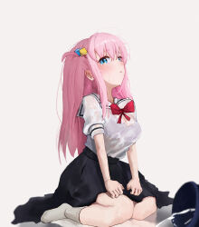 Rule 34 | 1girl, black skirt, blue eyes, blush, bocchi the rock!, bow, bowtie, bucket, dholewolf, gotoh hitori, grey socks, hair ornament, long hair, looking at viewer, pink hair, red bow, red bowtie, sailor collar, see-through, see-through shirt, shirt, shirt tucked in, simple background, skirt, socks, solo, tears, water, wet, wet clothes, wet shirt, white background, white sailor collar, white shirt