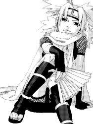 Rule 34 | 1girl, fingerless gloves, gloves, hoshino lily, looking at viewer, monochrome, naruto (series), naruto shippuuden, quad tails, sitting, smile, solo, temari (naruto)