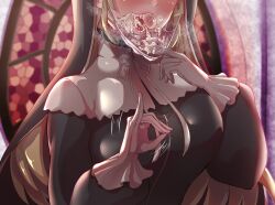 Rule 34 | blonde hair, breasts, cum, cum bubble, cum in mouth, cum on mask, cum under mask, fellatio gesture, female focus, gloves, large breasts, long hair, mask, meshiiro (rome sy), mouth mask, nijisanji, nun, sister claire, sister claire (1st costume), steam, virtual youtuber, white gloves