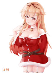 Rule 34 | absurdres, alternate costume, ban tang, bell, neck bell, blonde hair, breasts, choker, christmas, dress, food, garter straps, highres, kantai collection, large breasts, long hair, pocky, red eyes, santa costume, short dress, thighhighs, yuudachi (kancolle), zettai ryouiki