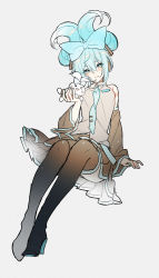 Rule 34 | 1girl, absurdres, aqua eyes, aqua hair, aqua necktie, arm support, bare shoulders, black footwear, black skirt, blue bow, blue eyes, blue hair, blush, boots, bow, breasts, cinnamiku, cinnamoroll, collared shirt, cosplay, crossover, detached sleeves, ear bow, full body, grey background, grey shirt, hair bow, hand up, hatsune miku, hatsune miku (cosplay), headset, high heel boots, high heels, highres, in palm, invisible chair, kazenemuri, light particles, looking at viewer, matching outfits, necktie, number tattoo, pleated skirt, sanrio, shirt, simple background, sitting, skirt, smile, tattoo, thigh boots, tie clip, tied ears, untucked shirt, updo, vocaloid