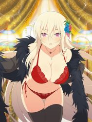 Rule 34 | 1girl, bare hips, bare shoulders, bend, blonde hair, bra, breasts, brown thighhighs, cleavage, elbow gloves, fluffy, gloves, hair ornament, highres, huge breasts, jewelry, legs together, leo (senran kagura), lingerie, long hair, looking at viewer, necklace, open mouth, panties, purple eyes, red panties, senran kagura, side-tie panties, thick thighs, thighhighs, thighs, underwear, undressing