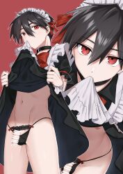 Rule 34 | 1boy, absurdres, apron, black choker, black dress, black hair, black male underwear, bow, choker, clothes in mouth, clothes lift, crossdressing, dress, dress lift, hair bow, highres, looking at viewer, maid, maid apron, maid headdress, male focus, male underwear, omiyacha, original, penis, red background, red bow, red eyes, short hair, short sleeves, simple background, solo, thong, underwear, white headdress