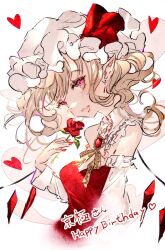 Rule 34 | 1girl, :d, adapted costume, bare shoulders, blonde hair, blush, breasts, crystal, detached sleeves, dress, drop earrings, earrings, fang, flandre scarlet, flower, frills, hand up, happy birthday, hat, heart, highres, holding, holding flower, jewelry, long hair, looking at viewer, majamari, medium breasts, mob cap, nail polish, open mouth, pink eyes, pointy ears, red dress, red flower, red nails, red rose, rose, simple background, smile, solo, swept bangs, teeth, touhou, upper body, upper teeth only, wavy hair, white background, wings
