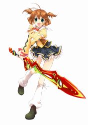 Rule 34 | 1girl, antenna hair, belt, bow, bowtie, breasts, frills, full body, green eyes, highres, holding, holding sword, holding weapon, kneehighs, large breasts, long sleeves, looking at viewer, loose socks, lunatia, official art, open mouth, red bow, red bowtie, red hair, short hair, simple background, skirt, socks, solo, sword, twintails, two side up, weapon, white background, white socks