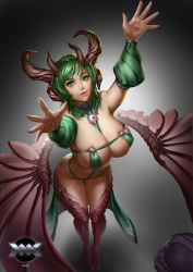 Rule 34 | 1girl, arms up, bikini, breasts, character request, choker, demon girl, demon horns, detached sleeves, eye in palm, from above, full body, green bikini, green eyes, green hair, headband, highres, horns, kww868, large breasts, looking at viewer, medium hair, micro bikini, monster girl, reaching, reaching towards viewer, realistic, scales, simple background, solo, standing, swimsuit, wings