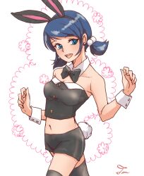 Rule 34 | 1girl, animal ears, bare shoulders, black bow, black bowtie, black shirt, blue eyes, blue hair, bow, bowtie, earrings, jewelry, looking to the side, marinette dupain-cheng, miraculous ladybug, navel, open mouth, rabbit ears, rabbit girl, rabbit tail, shirt, shorts, smile, solo, tail, tomm0515
