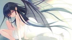 Rule 34 | 1girl, bare back, black hair, breasts, highres, long hair, looking at viewer, looking back, na-ga, original, pointy ears, red eyes, small breasts, solo, thighs, wings