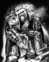 Rule 34 | 1boy, animal ears, armor, artist name, bald, blood, chaos (warhammer), clawed gauntlets, decapitation, disembodied head, evil eyes, eyes of horus (warhammer 40k), greyscale, hair tubes, highres, horus lupercal, looking at viewer, monochrome, ornate armor, pauldrons, pelt, power armor, primarch, shoulder armor, signature, smirk, terminator armor, tube, wai kit leung, warhammer 40k, weapon, wolf ears