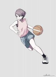Rule 34 | 1girl, artist name, ball, basketball, basketball (object), brown hair, hair ornament, hairclip, highres, jersey, original, playing sports, shoes, short hair, shorts, signature, simple background, sneakers, takimoto nao