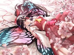 Rule 34 | 1girl, arm ribbon, ascot, bow, butterfly wings, cherry blossoms, commentary request, cover, detached sleeves, feet out of frame, frilled bow, frilled hair tubes, frills, hair bow, hair tubes, hakurei reimu, highres, insect wings, long hair, looking at viewer, lying, navel, nodoguro (phi-tan), on back, one eye closed, open mouth, red bow, red eyes, red skirt, red vest, ribbon, ribbon-trimmed sleeves, ribbon trim, skirt, solo, touhou, vest, white sleeves, wide sleeves, wings, yellow ascot
