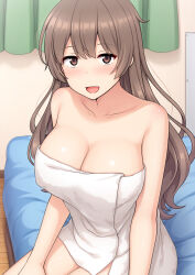 Rule 34 | 1girl, blush, breasts, brown eyes, brown hair, cleavage, collarbone, commentary request, curtains, indoors, large breasts, long hair, nakamura sumikage, naked towel, on bed, original, paid reward available, sitting, solo, towel