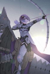 Rule 34 | 1girl, absurdres, aiming, armor, arrow (projectile), barding, bernadetta von varley, boobplate, bow, bow (weapon), breastplate, commentary request, commission, fire emblem, fire emblem: three houses, grey eyes, hair bow, highres, holding, holding bow (weapon), holding weapon, horse, leg armor, nintendo, purple hair, quiver, riding, saddle, short hair, skeb commission, sky, solo, star (sky), starry sky, stirrups (riding), thighhighs, vambraces, weapon, yoshioka machiko