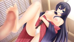 Rule 34 | 1girl, agekichi, ahoge, asato hitoha, bare shoulders, barefoot, blue eyes, blush, breasts, breasts out, censored, feet, footjob, from below, game cg, giuniu, groin, hair between eyes, index finger raised, indoors, japanese clothes, kenja no okuri imouto, kimono, large breasts, legs, long hair, looking at viewer, mosaic censoring, naughty face, nipples, no bra, open clothes, original, panties, parted lips, penis, purple hair, smile, standing, thighs, toes, underwear, very long hair