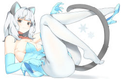 Rule 34 | 1girl, absurdres, animal ears, bare shoulders, black choker, blue leotard, brown eyes, cat ears, cat tail, choker, collarbone, commission, feet, full body, gogoco, high heels, highres, kittysuit, knees together feet apart, knees up, leotard, lying, medium hair, nekomata, nontraditional playboy bunny, on back, original, pantyhose, playboy bunny, shoe dangle, smile, snowflakes, solo, tail, thighs, white hair, white pantyhose