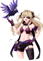 Rule 34 | 1girl, :d, absurdres, alternate costume, aoikito lavender086, asymmetrical legwear, belt, black scarf, black shorts, black thighhighs, bow, breasts, cleavage, commentary, eyepatch, fischl (genshin impact), garter straps, genshin impact, gloves, green eyes, hair bow, hair over one eye, hair ribbon, hand on own hip, highres, light brown hair, long hair, looking at viewer, medium breasts, mismatched legwear, navel, open mouth, oz (genshin impact), purple gloves, ribbon, scarf, short shorts, shorts, sidelocks, simple background, single garter strap, smile, solo, stomach, tank top, thighhighs, two side up, vision (genshin impact), white background
