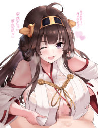 Rule 34 | 1boy, 1girl, ahoge, bare shoulders, blush, breasts squeezed together, breasts, brown hair, censored, detached sleeves, double bun, hair bun, hair ornament, hairband, headgear, heart, hetero, huge breasts, japanese clothes, kantai collection, kongou (kancolle), kumahuri, long hair, long sleeves, looking at viewer, mosaic censoring, one eye closed, open mouth, paizuri, penis, purple eyes, smile, sweat, sweatdrop, translation request, wet, wet clothes