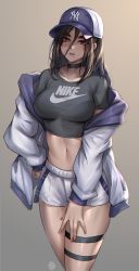 Rule 34 | 1girl, baseball cap, black choker, black shirt, breasts, brown eyes, brown hair, choker, cowboy shot, crop top, eyes visible through hair, hair between eyes, hand on own hip, hat, highres, hua-j, jacket, large breasts, long hair, long sleeves, looking at viewer, midriff, mole, mole under mouth, navel, nike (company), off shoulder, open clothes, open jacket, original, parted lips, purple hat, shirt, short shorts, short sleeves, shorts, simple background, solo, standing, thick eyebrows, thigh strap, white jacket, white shorts