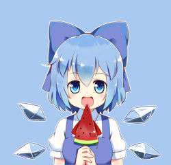Rule 34 | 1girl, blue background, blue bow, blue eyes, blue hair, blush, bow, cirno, food, hair bow, ice, ice wings, linda b, looking at viewer, open mouth, popsicle, short hair, short sleeves, simple background, smile, solo, touhou, watermelon bar, wings