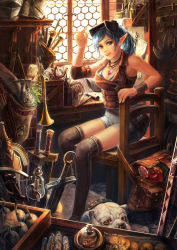 Rule 34 | 1girl, apple, bag, blue eyes, blue hair, bomb, braid, bugle, candy, coin, collar, dog, explosive, food, fruit, highres, instrument, jewelry, lollipop, matching hair/eyes, necklace, original, pointy ears, shop, shorts, slingshot (weapon), solo, sword, thighhighs, umedama, umedama riko, weapon