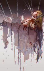 Rule 34 | 1girl, barefoot, blood, blood on clothes, blood on face, blood on hands, bone, chain, chain necklace, closed eyes, closed mouth, commentary request, death, enkidu (fate), fate/grand order, fate (series), from side, full body, green hair, jewelry, kawacy, long hair, long sleeves, necklace, pants, robe, simple background, solo, sparkle, very long hair, weapon, white pants