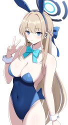 Rule 34 | 1girl, animal ear hairband, animal ears, bare shoulders, blonde hair, blue archive, blue bow, blue eyes, blue hairband, blue leotard, bow, bowtie, braid, breasts, cleavage, closed mouth, commentary, covered navel, detached collar, earpiece, french braid, groin, hair bow, hairband, halo, highleg, highleg leotard, highres, leotard, long hair, medium breasts, microphone, official alternate costume, official alternate hairstyle, playboy bunny, rabbit ear hairband, rabbit ears, simple background, solo, surippa1010, toki (blue archive), toki (bunny) (blue archive), v, very long hair, white background, wrist cuffs