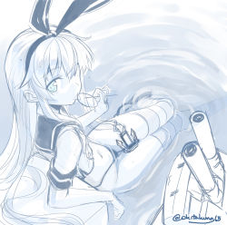 Rule 34 | 10s, 1girl, anchor hair ornament, aqua eyes, blue theme, elbow gloves, gloves, hair ornament, hairband, kantai collection, long hair, looking at viewer, monochrome, navel, okitakung, rensouhou-chan, shimakaze (kancolle), sketch, solo, spot color, striped clothes, striped thighhighs, thighhighs, twitter username, water