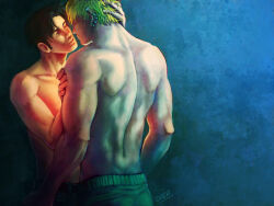 Rule 34 | 2boys, bara, black hair, blonde hair, couple, cris art, from behind, hand on another&#039;s head, head tilt, hulkling, imminent kiss, long sideburns, male focus, marvel, multiple boys, muscular, muscular male, short hair, sideburns, thick eyebrows, toned, toned male, topless male, upper body, wiccan, yaoi