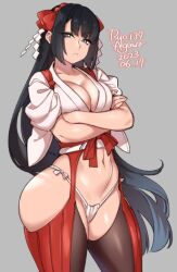 Rule 34 | 1girl, agawa ryou, black hair, bow, breasts, cleavage, commentary, cowboy shot, crossed arms, dated, english commentary, frown, fundoshi, garter straps, gradient hair, hair bow, hakama, japanese clothes, large breasts, light frown, long hair, looking at viewer, miko, multicolored hair, navel, nontraditional miko, original, red bow, shide hair ornament, signature, simple background, sleeves rolled up, solo, tasuki, thighhighs, very long hair, wide hips