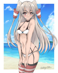 Rule 34 | 1girl, alternate breast size, amatsukaze (kancolle), beach, bikini, blue sky, breasts, brown eyes, cleavage, cloud, commentary request, cowboy shot, day, gakky, garter straps, grey hair, hair tubes, horizon, kantai collection, long hair, medium breasts, ocean, one-hour drawing challenge, outdoors, red thighhighs, sky, solo, striped clothes, striped thighhighs, swimsuit, thighhighs, two side up, white bikini