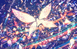 Rule 34 | 1girl, ahoge, colorful, commentary, dress, fairy wings, fantasy, floating hair, flying, glowing, light particles, long hair, original, red eyes, sakimori (hououbds), solo, very long hair, wings