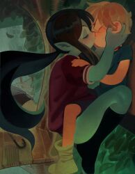 Rule 34 | 1boy, 1girl, adventure time, black hair, black socks, blonde hair, blue shirt, blue skin, closed eyes, colored skin, couple, finn the human, floating, hand on another&#039;s head, hetero, highres, kiss, marceline abadeer, red shirt, shirt, shoes, size difference, socks, vampire, wamudraws