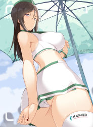 Rule 34 | 1girl, ass, blue eyes, bracelet, breasts, brown hair, closed mouth, cloud, commentary request, crop top, day, frown, garrison cap, girls und panzer, green hat, hat, highres, jewelry, large breasts, long hair, nakamura yukitoshi, nonna (girls und panzer), outdoors, pacific racing team, panties, parted bangs, race queen, shiny skin, skirt, solo, thick thighs, thighhighs, thighs, umbrella, underwear, viewfinder, white panties, white skirt, white thighhighs