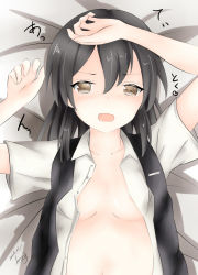 Rule 34 | 1girl, arms up, bed sheet, black hair, blush, breasts, brown eyes, collared shirt, commentary request, dakkusu, dated, dress shirt, hair between eyes, heart, kantai collection, long hair, lying, navel, on back, open clothes, open mouth, open shirt, out-of-frame censoring, oyashio (kancolle), saliva, shirt, short sleeves, signature, small breasts, solo, upper body, wavy mouth, white shirt