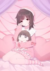 Rule 34 | :o, absurdres, blush, bow, brown hair, child, commission, curtains, doll, hugging doll, fallenshadow, flat chest, fluffy legwear, half-closed eyes, hand on own face, hat, heart, heart-shaped pillow, highres, indie virtual youtuber, long sleeves, medium hair, messy hair, nightcap, norada, hugging object, on bed, pajamas, pillow, pink background, pink bow, pink eyes, pink pajamas, pink shorts, ribbon, rubbing eyes, shorts, sidelocks, sitting, skeb commission, sleepwear, sleepy, socks, solo, virtual youtuber